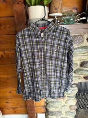 Plaid Button Down Shirt Men’s Slim Fit Cotton Blue Yellow Pearl Snap Western